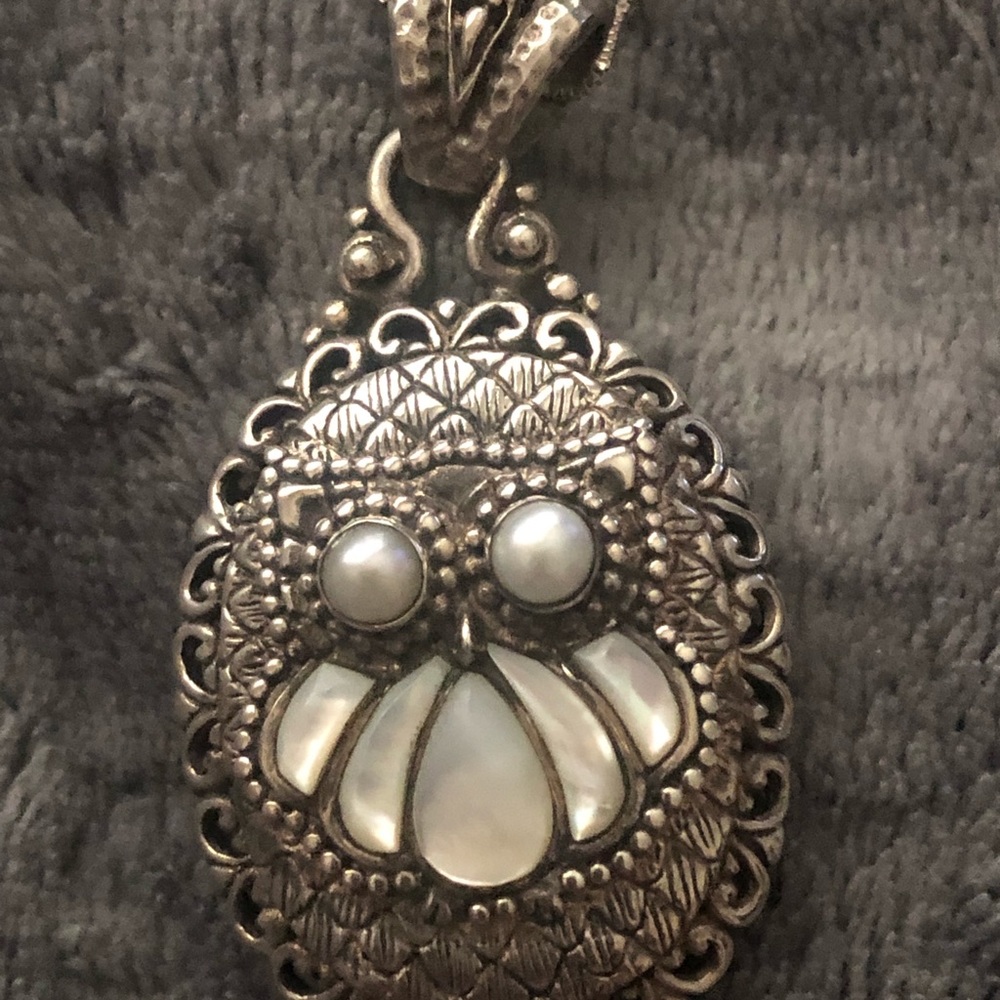 Signed Sarda sterling silver mother of pearl owl pendent